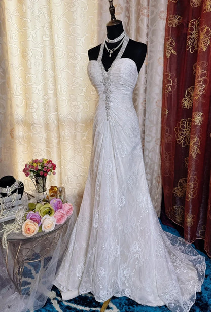 Elegant Halter Sheath Long Prom Dress Lace Apricot Evening Dress EP05657