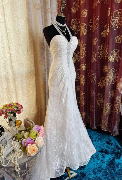 Elegant Halter Sheath Long Prom Dress Lace Apricot Evening Dress EP05657