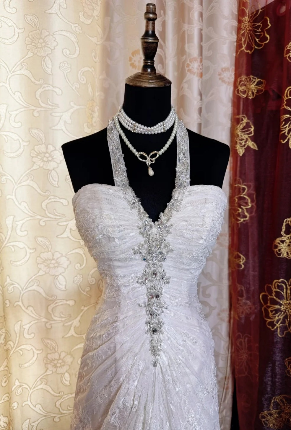 Elegant Halter Sheath Long Prom Dress Lace Apricot Evening Dress EP05657