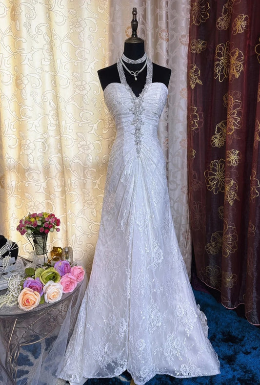 Elegant Halter Sheath Long Prom Dress Lace Apricot Evening Dress EP05657