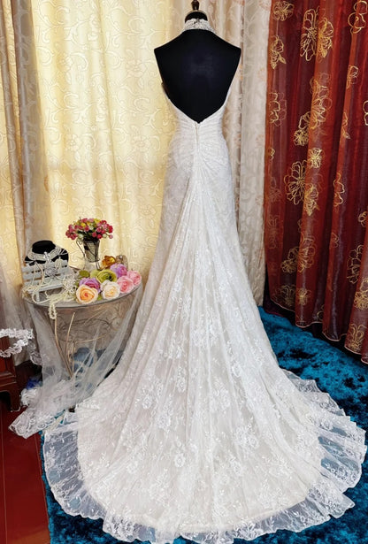 Elegant Halter Sheath Long Prom Dress Lace Apricot Evening Dress EP05657