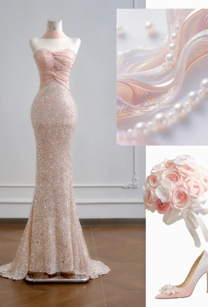 Cute Strapless Mermaid Long Prom Dresses Sequins Pink Evening Dresses Sleeveless Pink Birthday Dresses EP05658