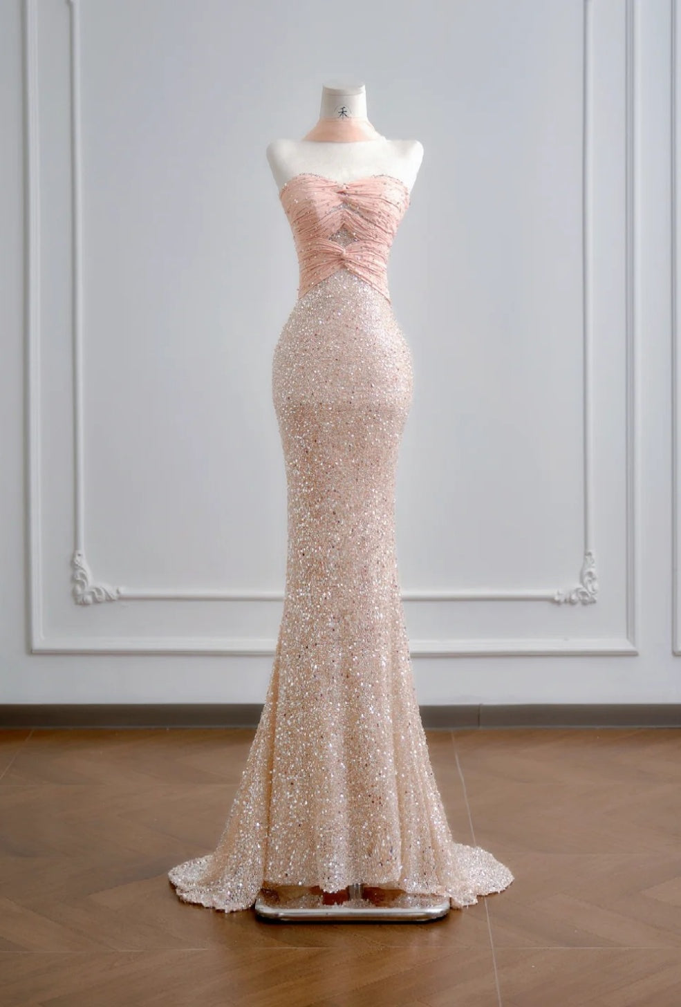 Cute Strapless Mermaid Long Prom Dresses Sequins Pink Evening Dresses Sleeveless Pink Birthday Dresses EP05658