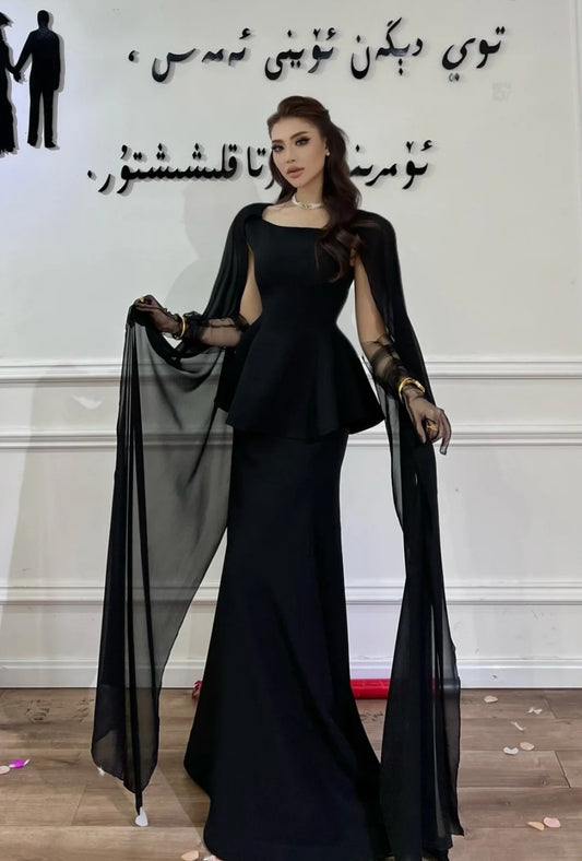 Elegant Square Neck Sheath Long Prom Dresses Satin Black Evening Dresses  EP05660