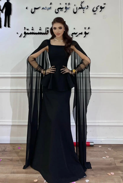 Elegant Square Neck Sheath Long Prom Dresses Satin Black Evening Dresses  EP05660