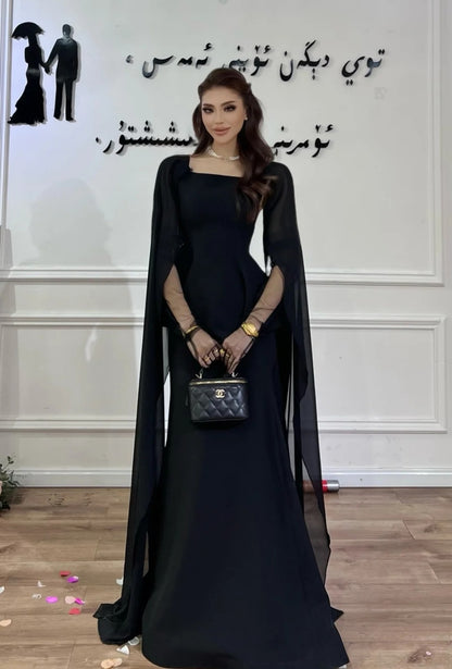 Elegant Square Neck Sheath Long Prom Dresses Satin Black Evening Dresses  EP05660