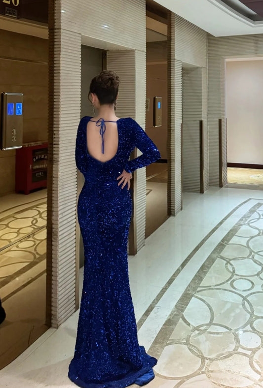 Elegant Sheath Long Prom Dresses Sequins Velvet Dark Blue Evening Dresses EP05661