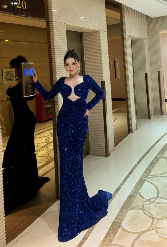 Elegant Sheath Long Prom Dresses Sequins Velvet Dark Blue Evening Dresses EP05661