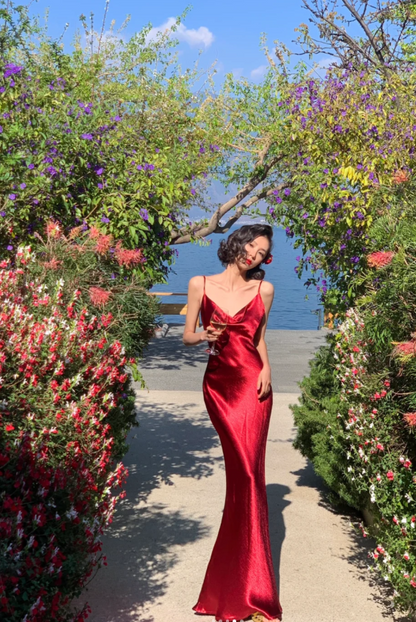 Sexy Spaghetti Straps Sheath Long Prom Dresses Satin Burgundy Bridesmaid Dresses EP05664