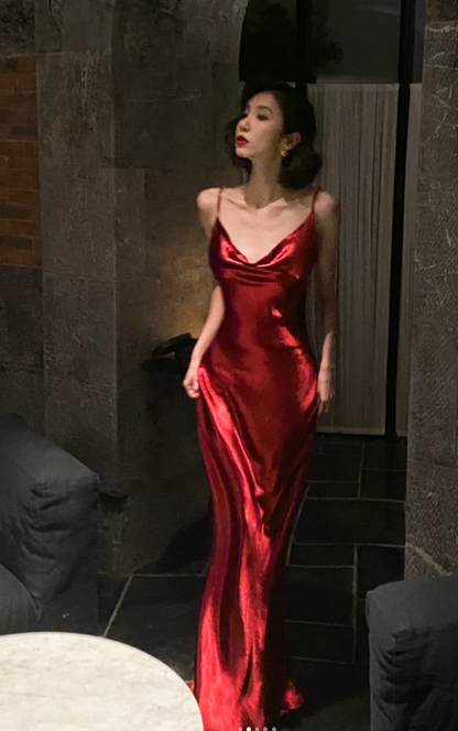 Sexy Spaghetti Straps Sheath Long Prom Dresses Satin Burgundy Bridesmaid Dresses EP05664