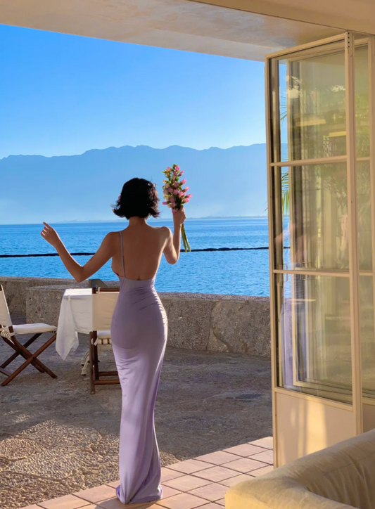 Simple One-shoulder Sheath Long Prom Dresses Satin Lavender Bridesmaid Dresses EP05665