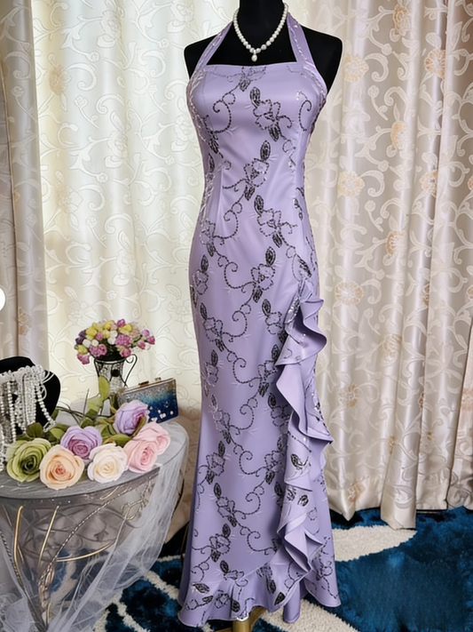 Chic Halter Sheath Long Prom Dresses Beaded Chiffon Lilac Evening Dresses Sleeveless Lilac Christmas Dresses EP05666
