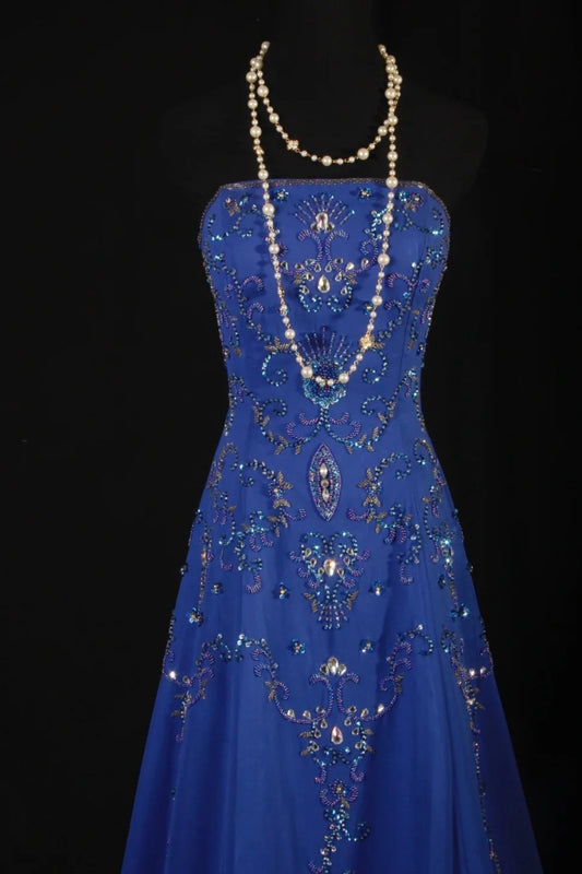 Gorgeous Strapless A-Line Long Prom Dresses Beaded Chiffon Blue Evening Dresses Sleeveless Blue Formal Dresses EP05667