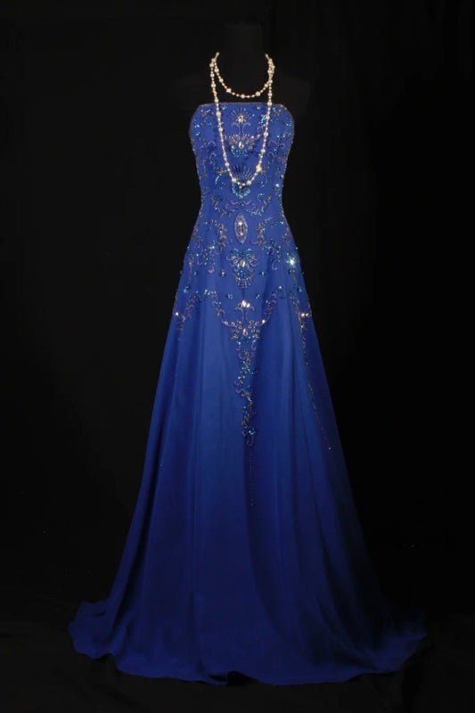 Gorgeous Strapless A-Line Long Prom Dresses Beaded Chiffon Blue Evening Dresses Sleeveless Blue Formal Dresses EP05667