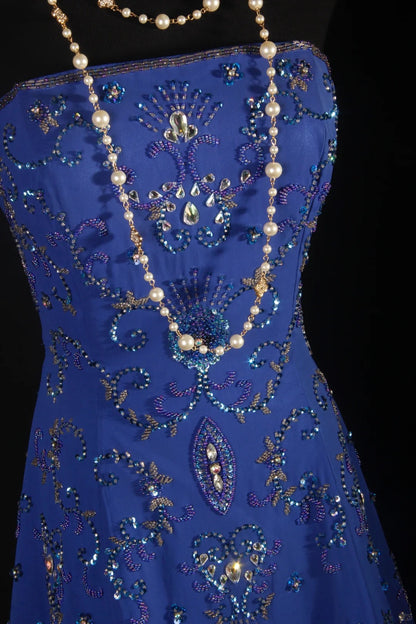 Gorgeous Strapless A-Line Long Prom Dresses Beaded Chiffon Blue Evening Dresses Sleeveless Blue Formal Dresses EP05667