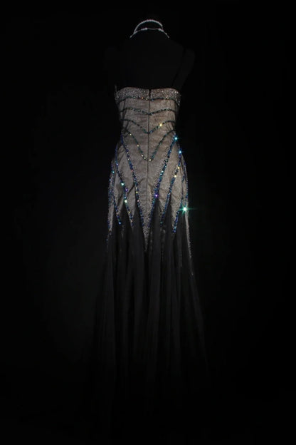 Gorgeous Strapless Sheath Long Prom Dresses Beaded Chiffon Brown Evening Dresses Sleeveless Brown Formal Dresses EP05668