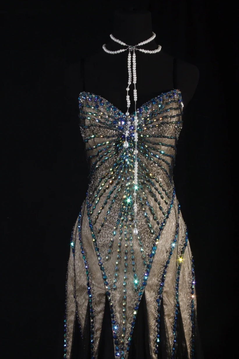 Gorgeous Strapless Sheath Long Prom Dresses Beaded Chiffon Brown Evening Dresses Sleeveless Brown Formal Dresses EP05668