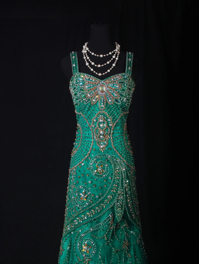 Chic Straps Mermaid Long Prom Dresses Beaded Tulle Green Evening Dresses Sleeveless Green Birthday Dresses EP05670