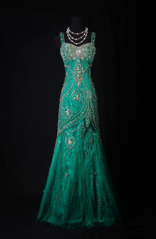 Chic Straps Mermaid Long Prom Dresses Beaded Tulle Green Evening Dresses Sleeveless Green Birthday Dresses EP05670