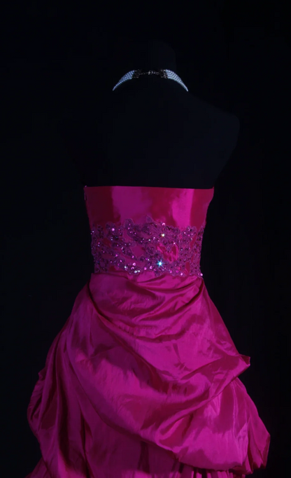 Chic Strapless A-Line Long Prom Dresses Satin Fuchsia Evening Dresses Sleeveless Fuchsia Birthday Dresses EP05671