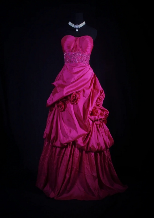 Chic Strapless A-Line Long Prom Dresses Satin Fuchsia Evening Dresses Sleeveless Fuchsia Birthday Dresses EP05671