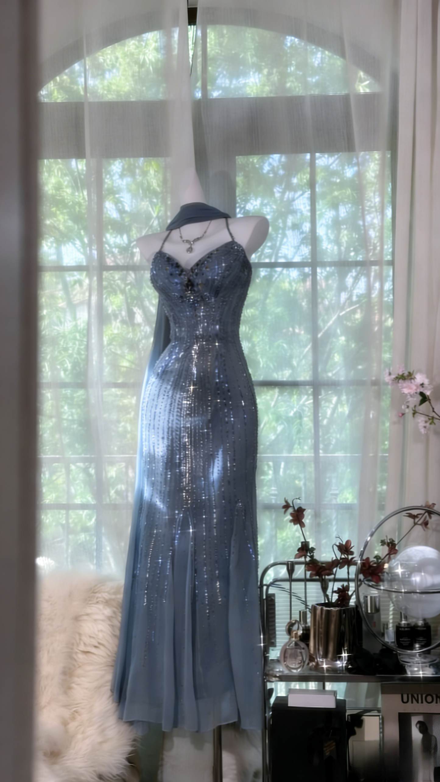 Chic Spaghetti Straps Sheath Long Prom Dresses Beaded Chiffon Champagne Evening Dresses Sleeveless Champagne Birthday Dresses EP05672