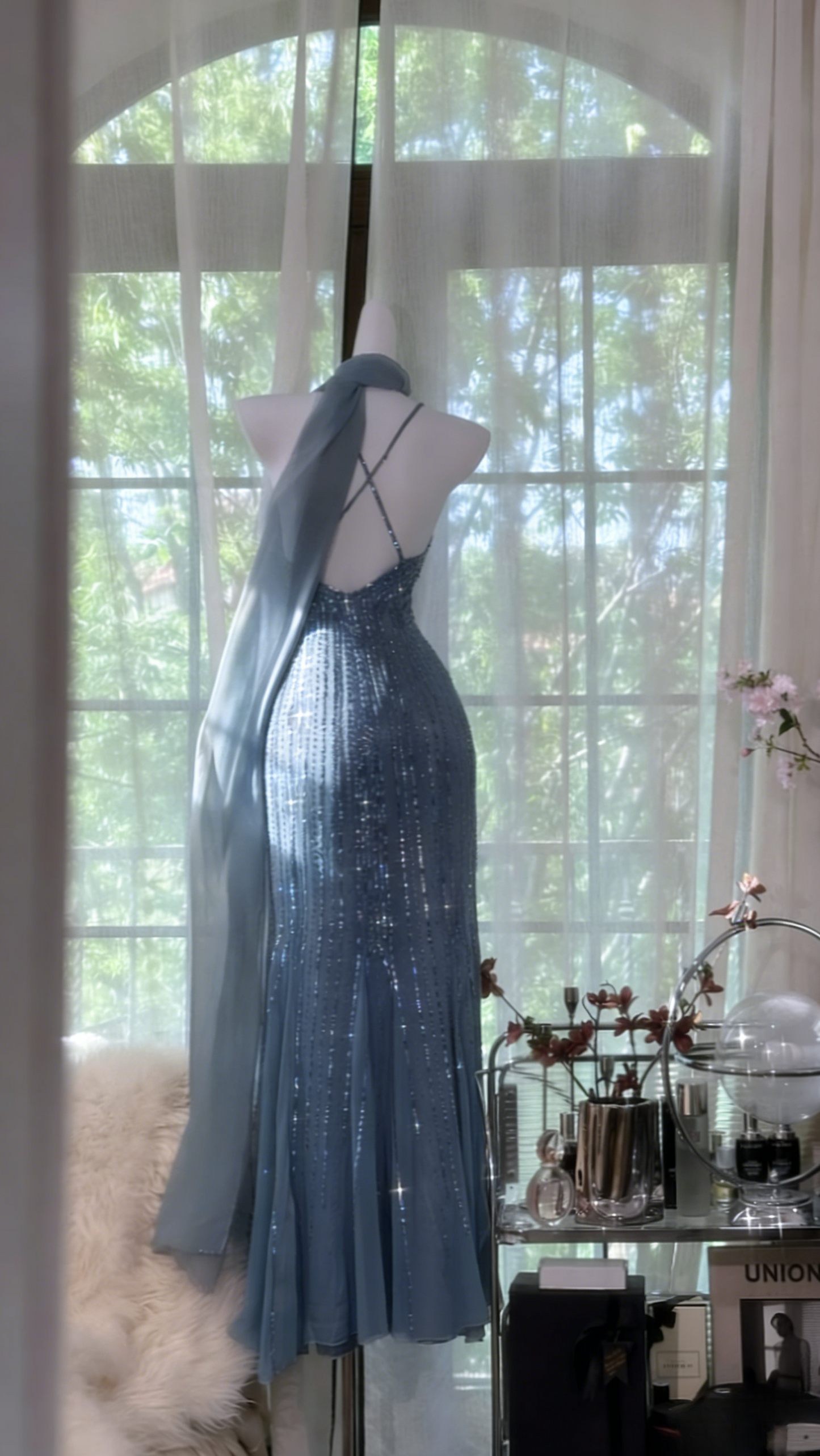 Chic Spaghetti Straps Sheath Long Prom Dresses Beaded Chiffon Champagne Evening Dresses Sleeveless Champagne Birthday Dresses EP05672