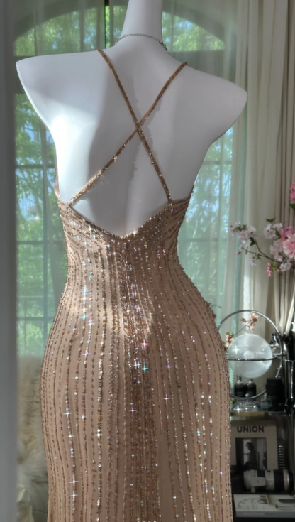 Chic Spaghetti Straps Sheath Long Prom Dresses Beaded Chiffon Champagne Evening Dresses Sleeveless Champagne Birthday Dresses EP05672