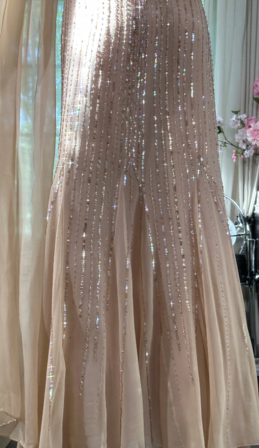 Chic Spaghetti Straps Sheath Long Prom Dresses Beaded Chiffon Champagne Evening Dresses Sleeveless Champagne Birthday Dresses EP05672