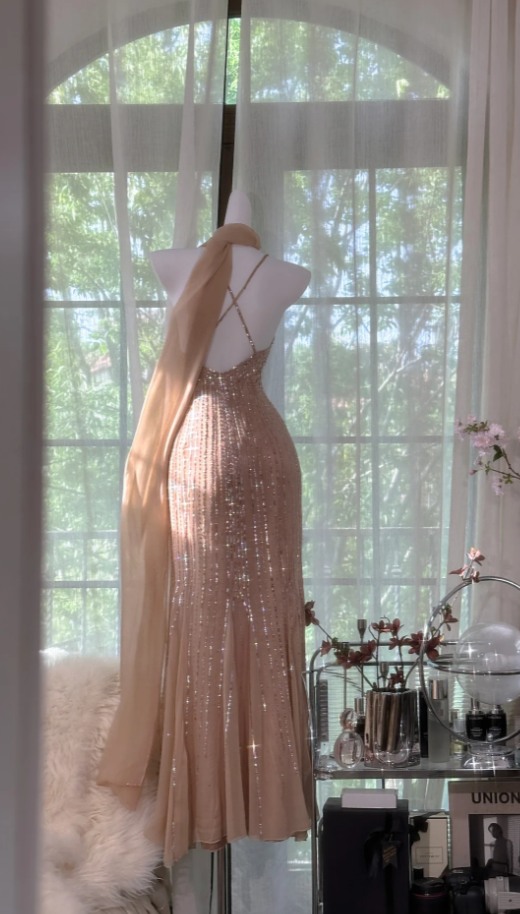 Chic Spaghetti Straps Sheath Long Prom Dresses Beaded Chiffon Champagne Evening Dresses Sleeveless Champagne Birthday Dresses EP05672