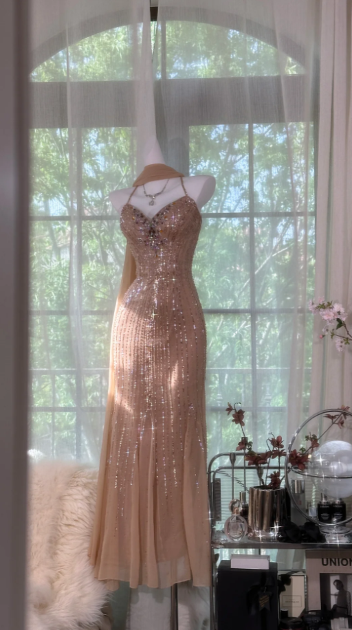 Chic Spaghetti Straps Sheath Long Prom Dresses Beaded Chiffon Champagne Evening Dresses Sleeveless Champagne Birthday Dresses EP05672