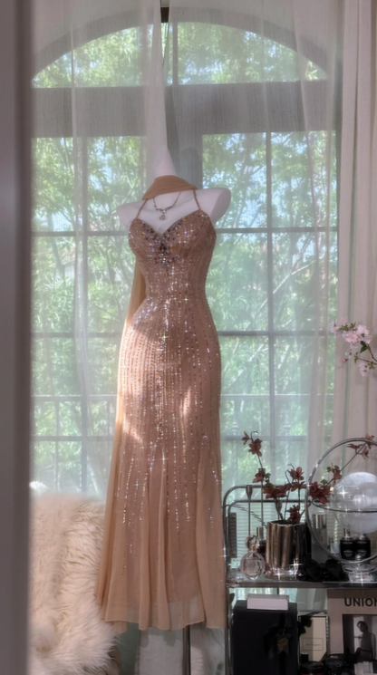 Chic Spaghetti Straps Sheath Long Prom Dresses Beaded Chiffon Champagne Evening Dresses Sleeveless Champagne Birthday Dresses EP05672