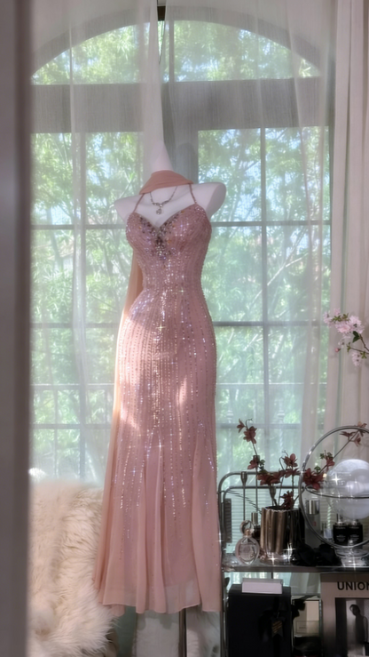 Chic Spaghetti Straps Sheath Long Prom Dresses Beaded Chiffon Champagne Evening Dresses Sleeveless Pink Birthday Dresses