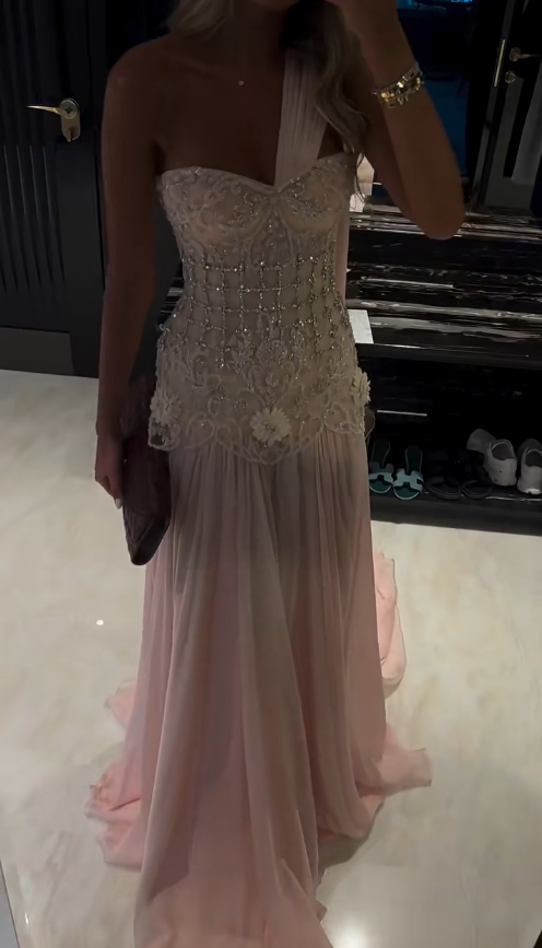 Chic One-shoulder Sheath Long Prom Dresses Beaded Chiffon Pink Evening Dresses Sleeveless Pink Party Dresses EP05673