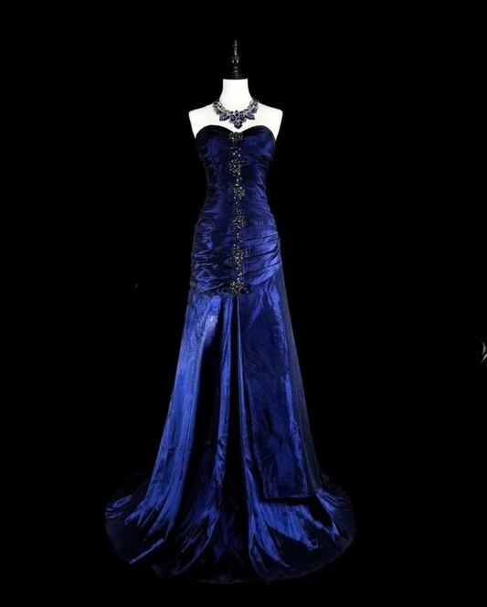 Vintage Strapless Sheath Long Prom Dresses Satin Navy Blue Evening Dresses Sleeveless Navy Blue Birthday Dresses EP05675