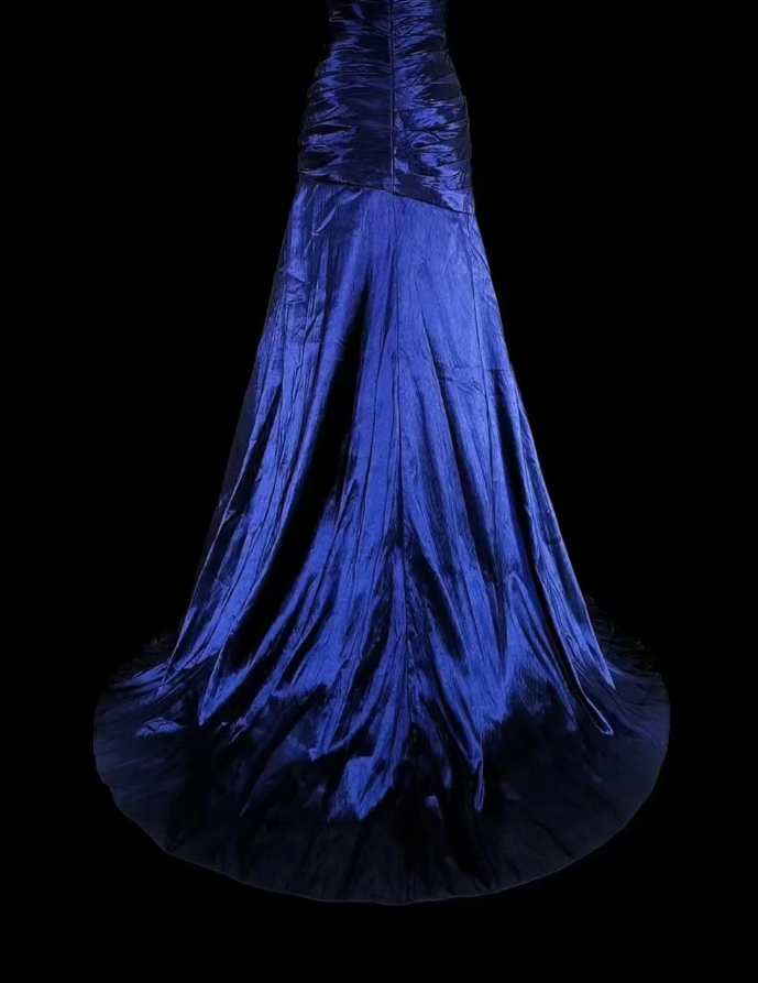 Vintage Strapless Sheath Long Prom Dresses Satin Navy Blue Evening Dresses Sleeveless Navy Blue Birthday Dresses EP05675