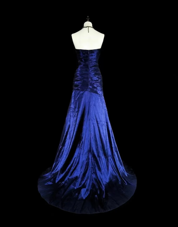 Vintage Strapless Sheath Long Prom Dresses Satin Navy Blue Evening Dresses Sleeveless Navy Blue Birthday Dresses EP05675