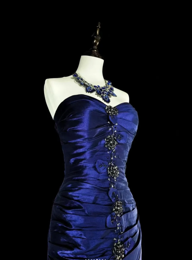 Vintage Strapless Sheath Long Prom Dresses Satin Navy Blue Evening Dresses Sleeveless Navy Blue Birthday Dresses EP05675