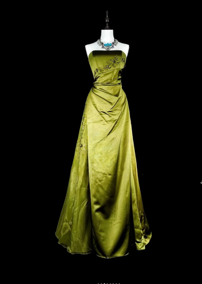 Vintage Strapless Sheath Long Prom Dresses Satin Olive Green Evening Dresses Sleeveless Olive Green Birthday Dresses EP05676