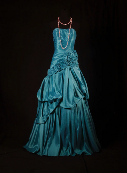 VVintage Strapless A-Line Long Prom Dresses Satin Turquoise Evening Dresses Sleeveless Turquoise Birthday Dresses EP05677