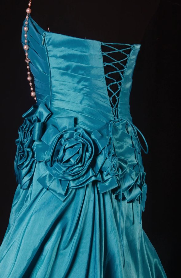 VVintage Strapless A-Line Long Prom Dresses Satin Turquoise Evening Dresses Sleeveless Turquoise Birthday Dresses EP05677