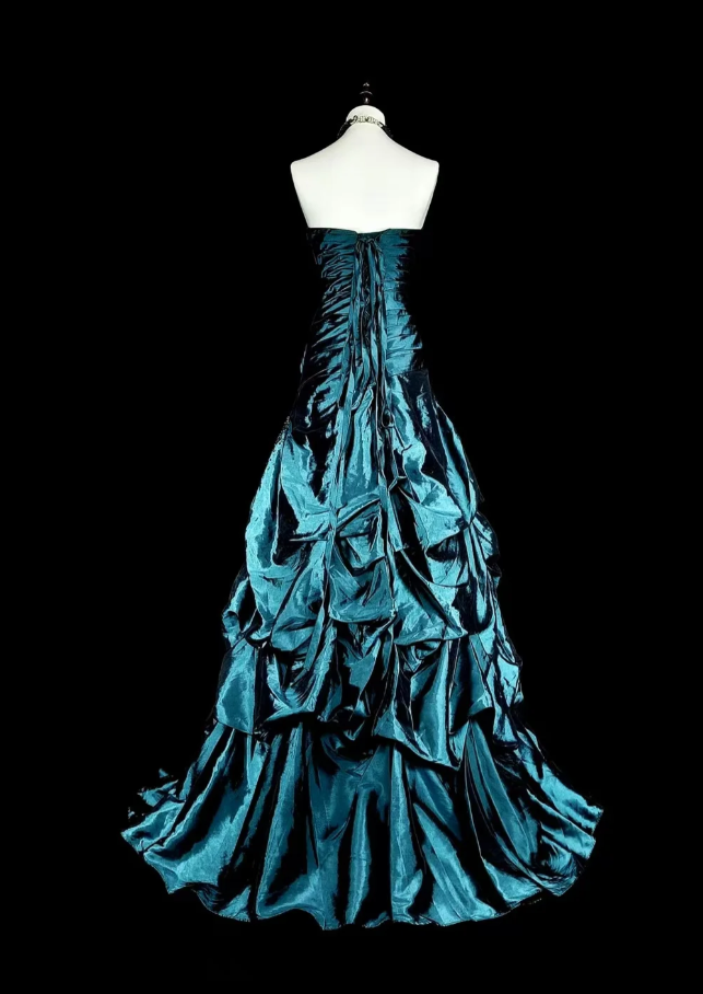 Fairy Strapless A-Line Long Prom Dresses Satin Teal Evening Dresses Sleeveless Teal Birthday Dresses EP05678