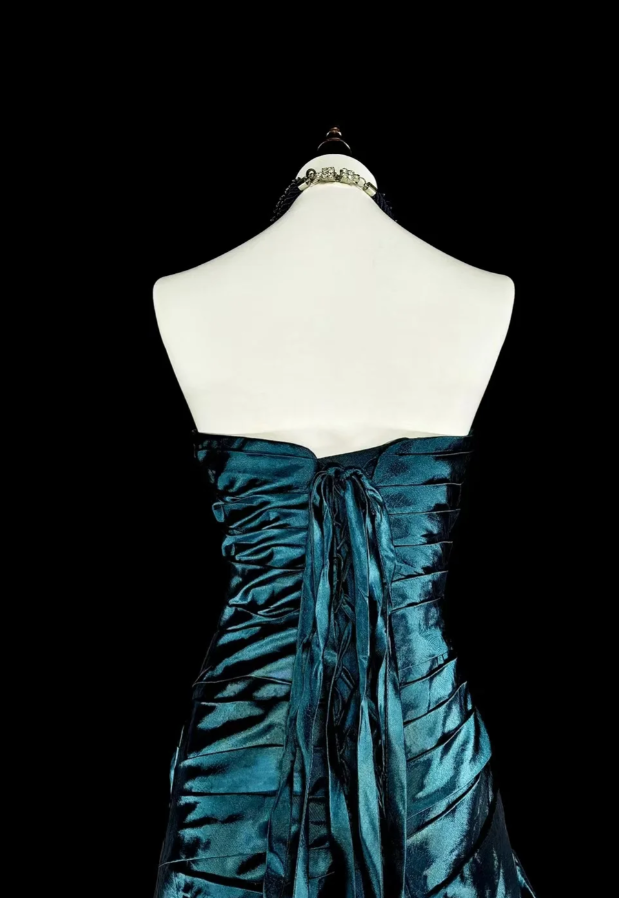 Fairy Strapless A-Line Long Prom Dresses Satin Teal Evening Dresses Sleeveless Teal Birthday Dresses EP05678