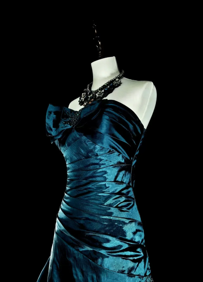 Fairy Strapless A-Line Long Prom Dresses Satin Teal Evening Dresses Sleeveless Teal Birthday Dresses EP05678