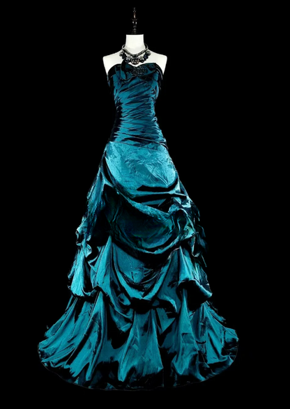 Fairy Strapless A-Line Long Prom Dresses Satin Teal Evening Dresses Sleeveless Teal Birthday Dresses EP05678