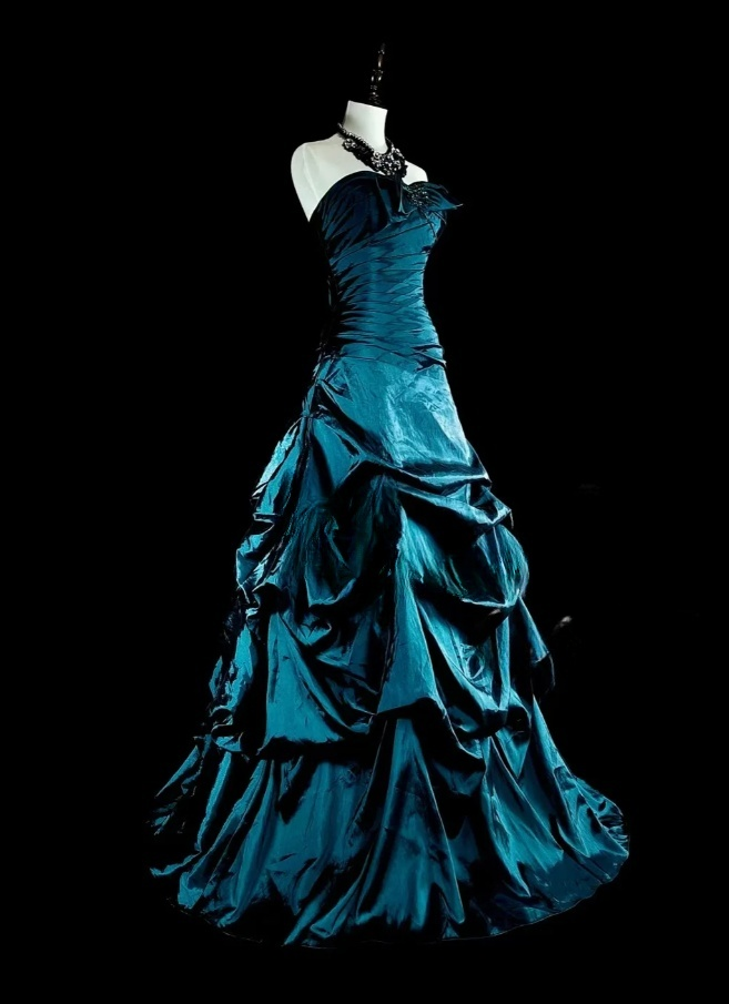Fairy Strapless A-Line Long Prom Dresses Satin Teal Evening Dresses Sleeveless Teal Birthday Dresses EP05678