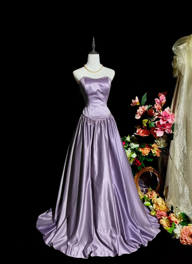 Fairy Strapless A-Line Long Prom Dresses Satin Purple Evening Dresses Sleeveless Purple Formal Dresses  EP05679