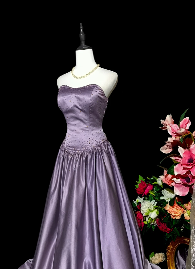 Fairy Strapless A-Line Long Prom Dresses Satin Purple Evening Dresses Sleeveless Purple Formal Dresses  EP05679