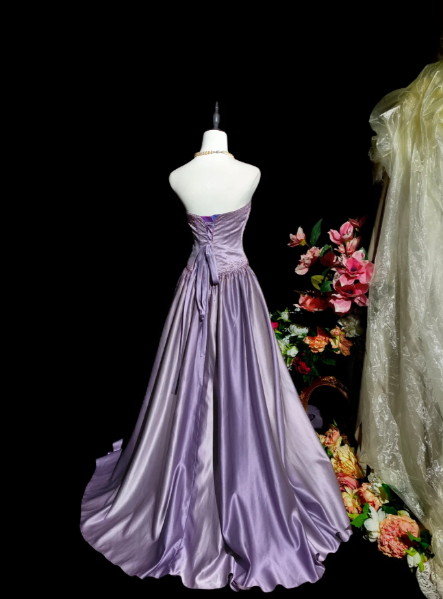 Fairy Strapless A-Line Long Prom Dresses Satin Purple Evening Dresses Sleeveless Purple Formal Dresses  EP05679