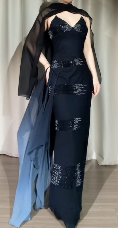 Glam Spaghetti Straps Sheath Long Prom Dresses Chiffon Sequins Black Evening Dresses Sleeveless Black Formal Dresses EP05681